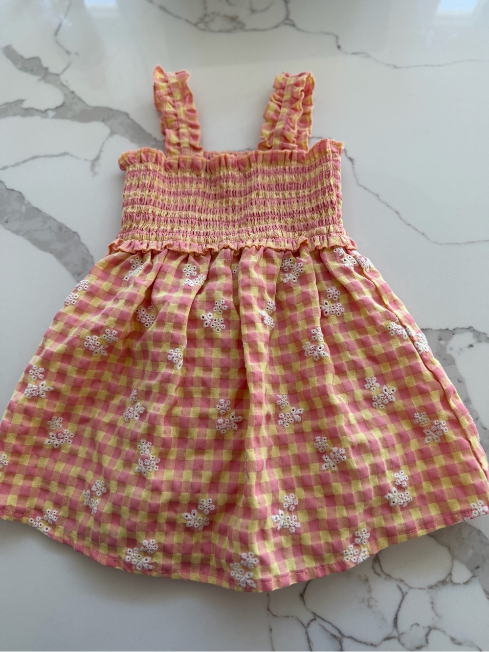 Zara Pink and Yellow Gingham Smocked Dress with Flowers